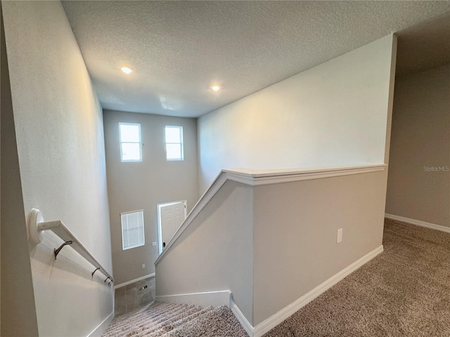 stairway with carpet floors and a textured ceiling