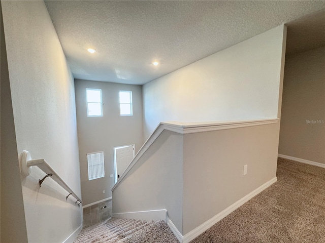 stairway with carpet flooring and a textured ceiling