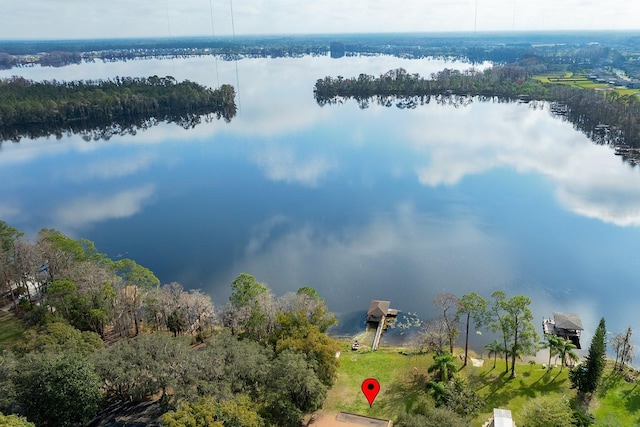 drone / aerial view featuring a water view