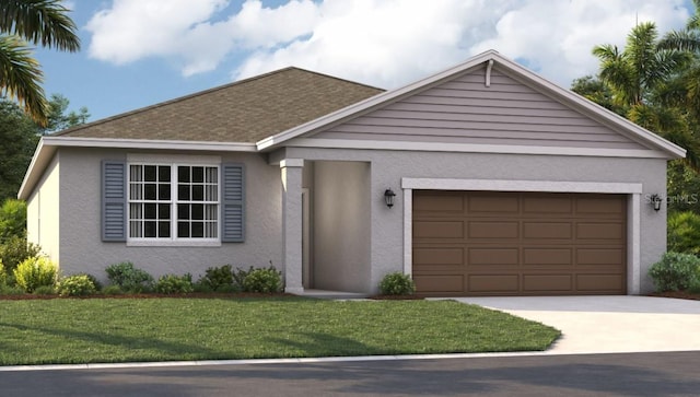 single story home featuring a garage and a front lawn