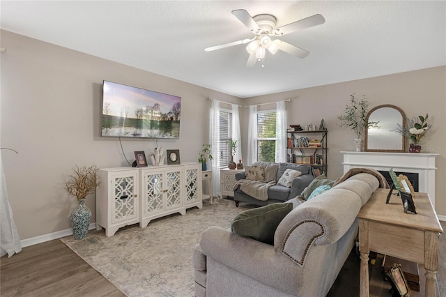 living room featuring hardwood / wood-style flooring and ceiling fan