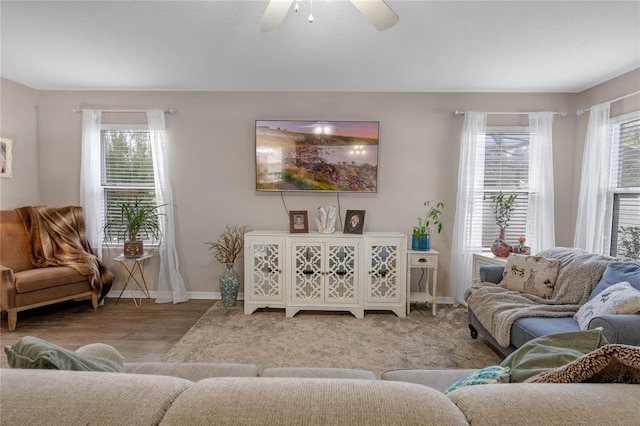 living room featuring wood-type flooring and ceiling fan