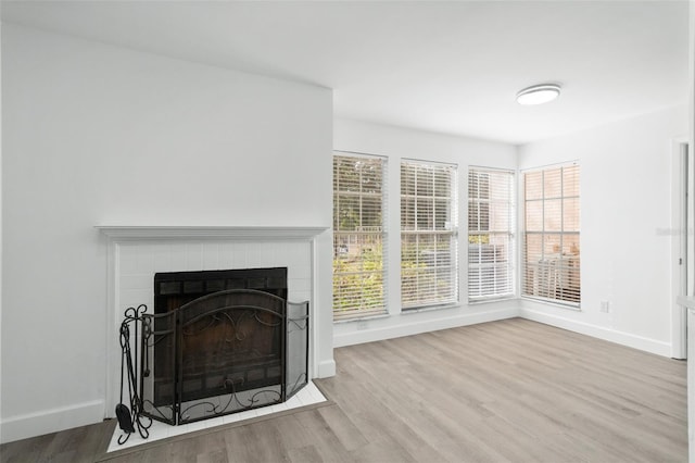 living room featuring light wood-type flooring and a fireplace