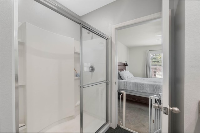 bathroom featuring a shower with door