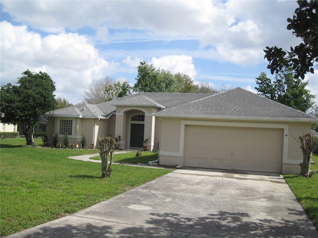 ranch-style house featuring a garage, a front lawn, concrete driveway, and stucco siding