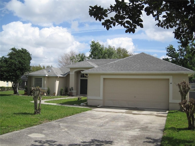 single story home with a shingled roof, concrete driveway, stucco siding, an attached garage, and a front yard