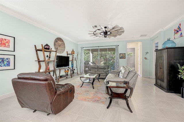 tiled living room with crown molding and ceiling fan