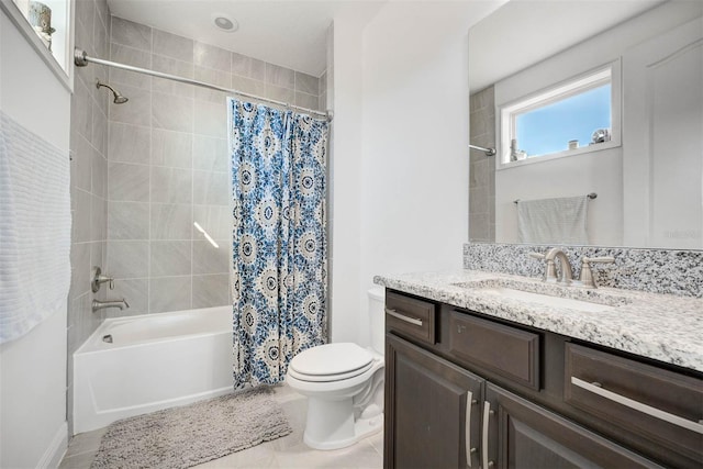 full bathroom featuring toilet, vanity, shower / bathtub combination with curtain, and tile patterned flooring