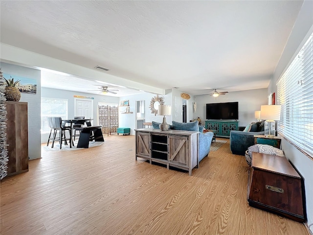 living room featuring a wealth of natural light, ceiling fan, and light hardwood / wood-style flooring