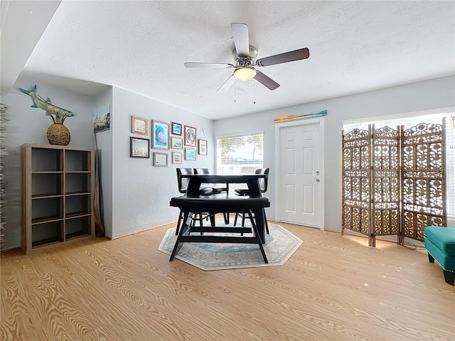 dining area with ceiling fan, light hardwood / wood-style flooring, and a textured ceiling