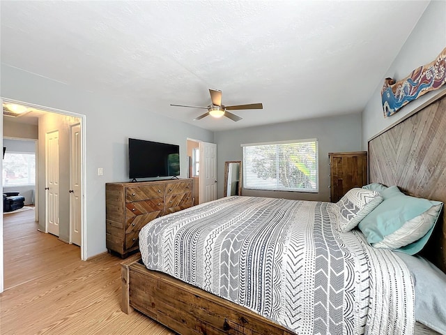 bedroom with multiple windows, a textured ceiling, light hardwood / wood-style flooring, and ceiling fan