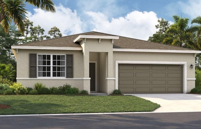 prairie-style home featuring a garage and a front yard