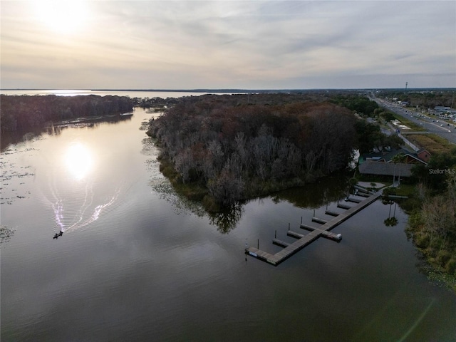 aerial view at dusk with a water view