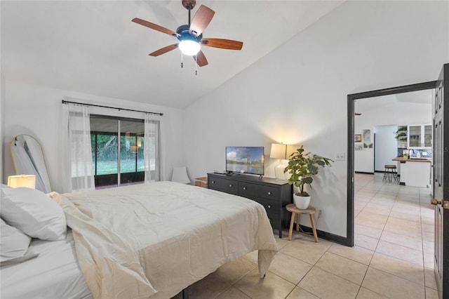 tiled bedroom with vaulted ceiling, access to exterior, and ceiling fan