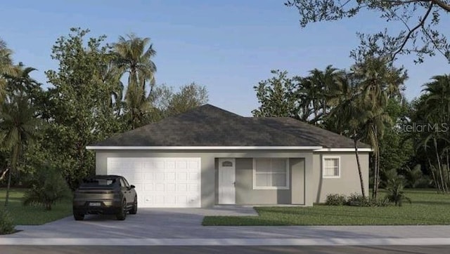 ranch-style home featuring a garage and a front yard