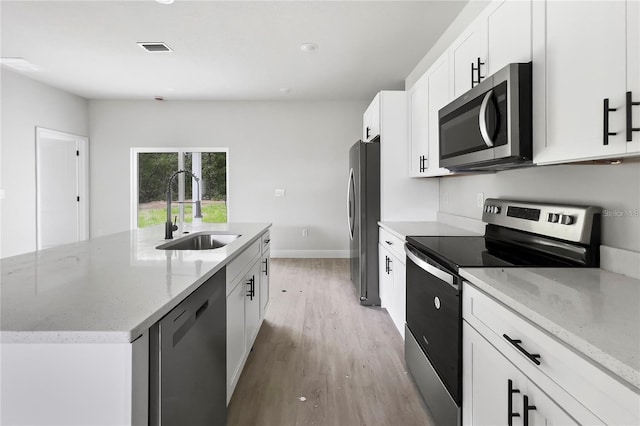 kitchen with sink, white cabinetry, stainless steel appliances, light stone counters, and an island with sink