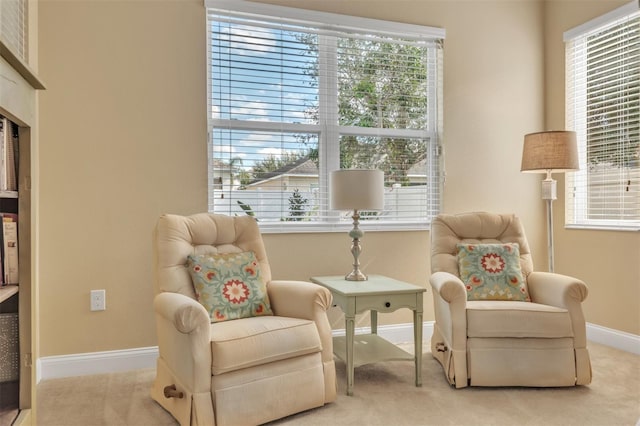 living area featuring light colored carpet