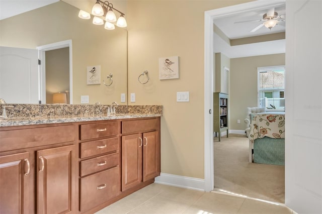 bathroom with vanity, tile patterned floors, and ceiling fan