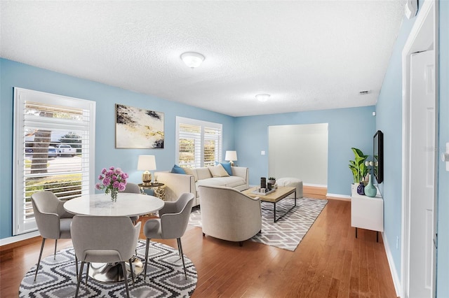 living room featuring wood-type flooring and a textured ceiling