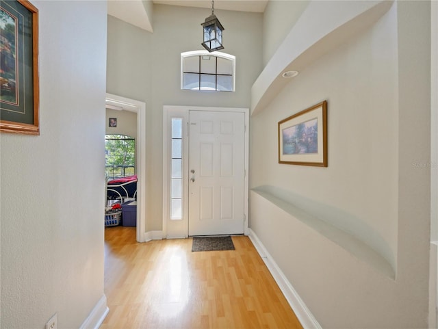 foyer entrance featuring a towering ceiling and light wood-type flooring