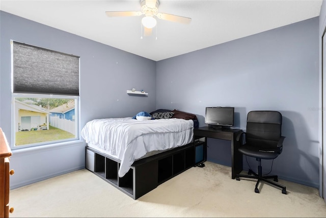 bedroom featuring carpet flooring and ceiling fan