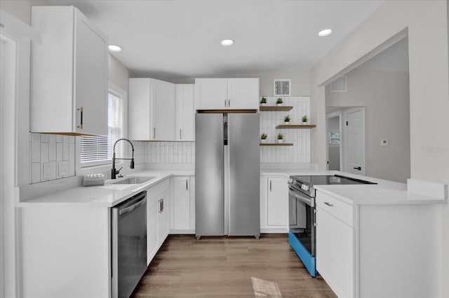 kitchen with appliances with stainless steel finishes, white cabinetry, sink, backsplash, and light hardwood / wood-style floors