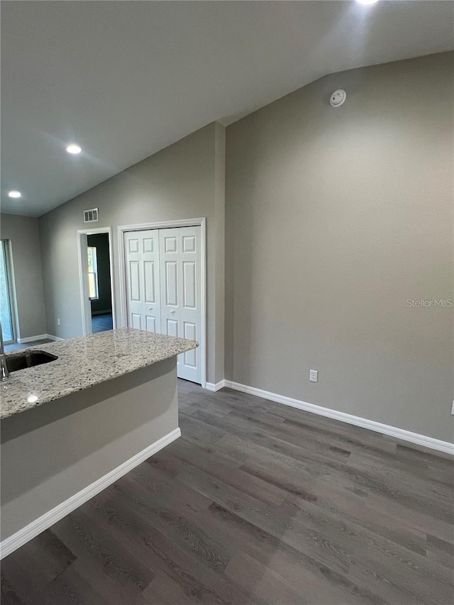 empty room with sink, dark wood-type flooring, and vaulted ceiling