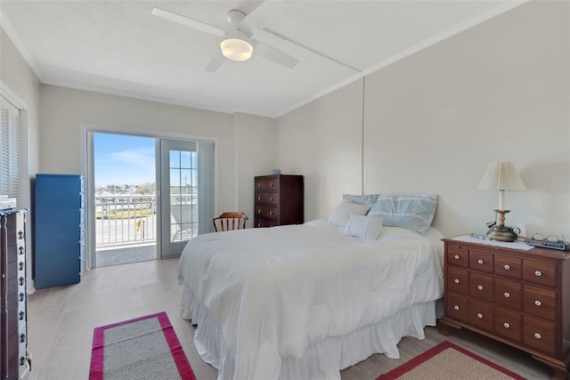 bedroom with ornamental molding, access to outside, ceiling fan, and light hardwood / wood-style flooring