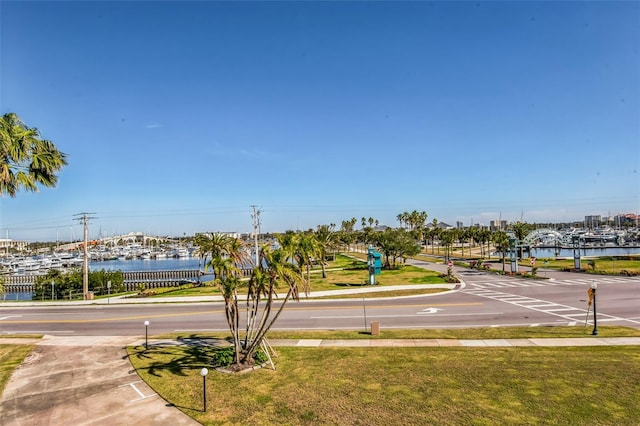 view of street with a water view