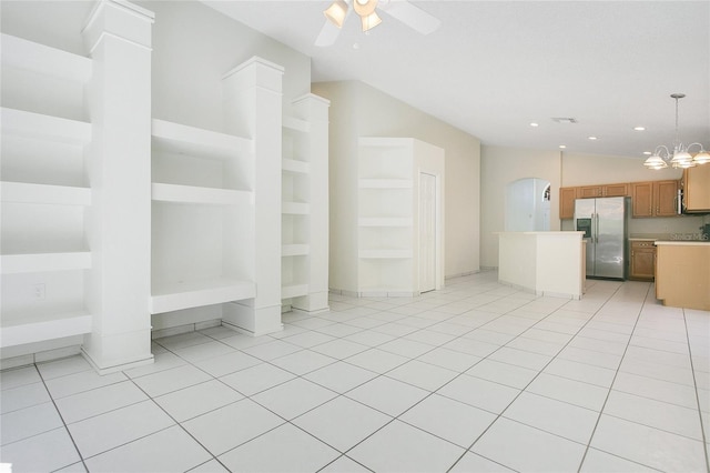 unfurnished living room featuring built in features, light tile patterned floors, a ceiling fan, visible vents, and recessed lighting