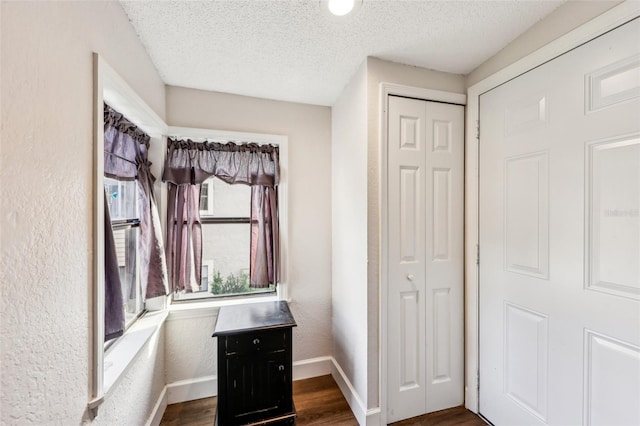 bathroom with a textured ceiling and wood-type flooring