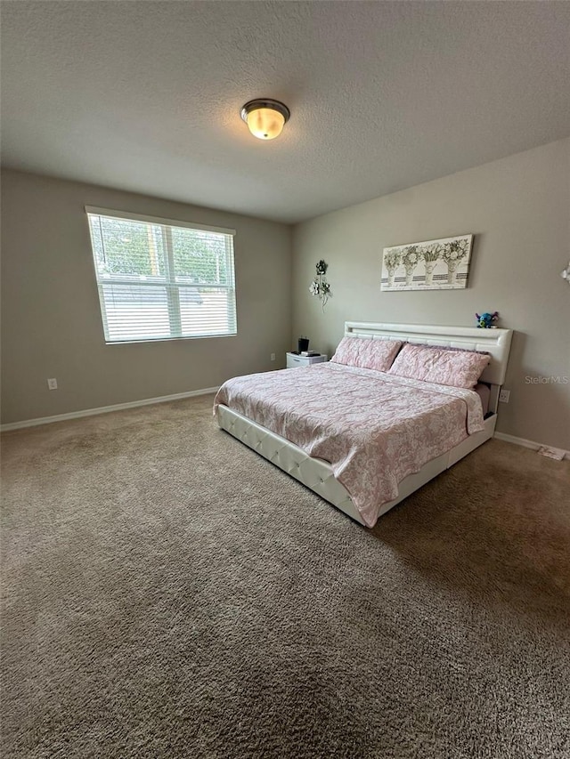 bedroom with carpet floors, baseboards, and a textured ceiling