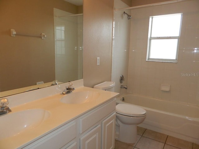 full bathroom with tile patterned floors, toilet, tiled shower / bath combo, and vanity