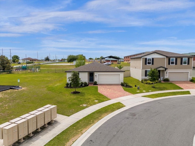 view of front of house featuring a garage and a front lawn