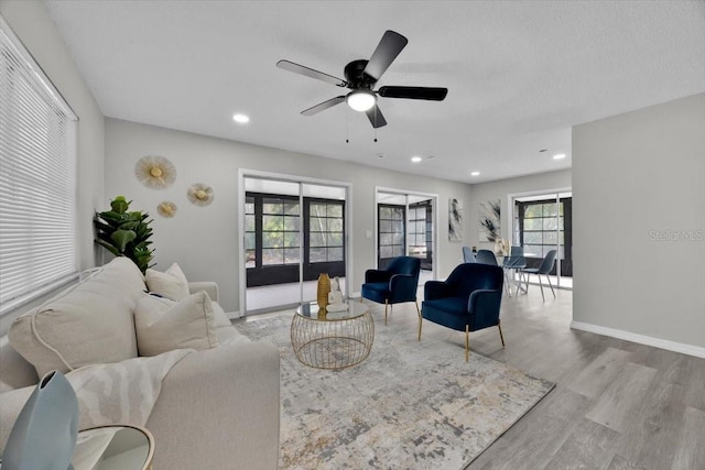 living room with ceiling fan and light hardwood / wood-style flooring