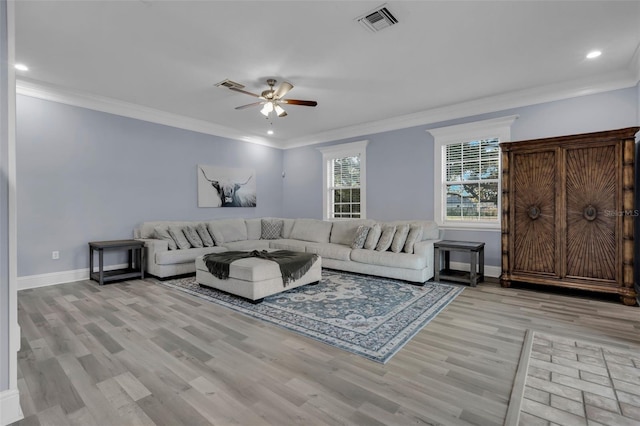 living room with crown molding, ceiling fan, and light wood-type flooring