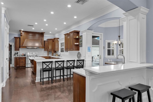 kitchen with premium range hood, a breakfast bar, stainless steel stove, sink, and kitchen peninsula