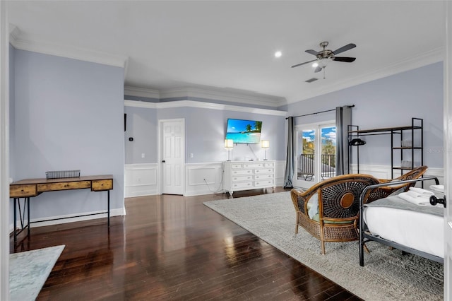 interior space with crown molding, dark hardwood / wood-style floors, and ceiling fan