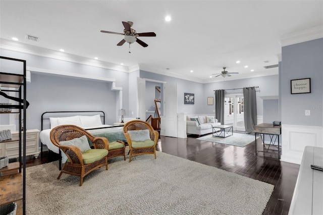 bedroom with dark wood-type flooring and ornamental molding