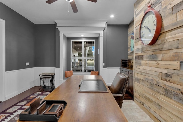 office area featuring ceiling fan and light hardwood / wood-style floors