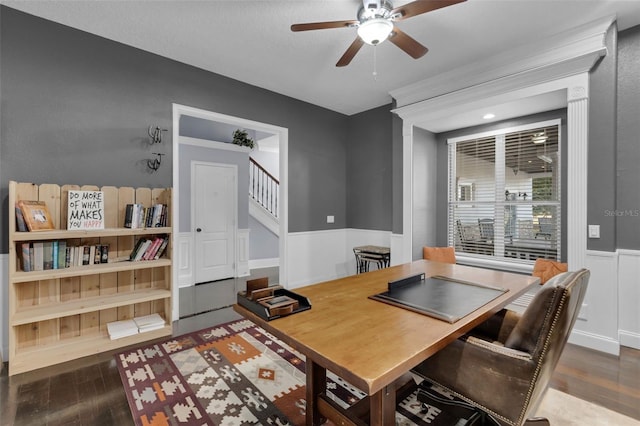 office space with dark wood-type flooring and ceiling fan