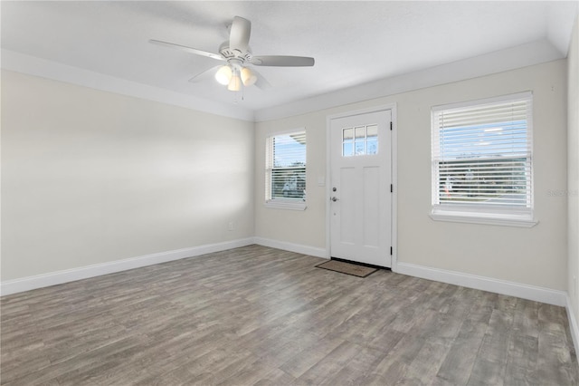 entrance foyer featuring ceiling fan and light hardwood / wood-style floors