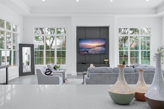 living room featuring a tray ceiling