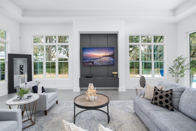 living room featuring plenty of natural light and a tray ceiling