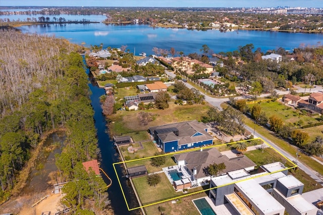 drone / aerial view featuring a water view