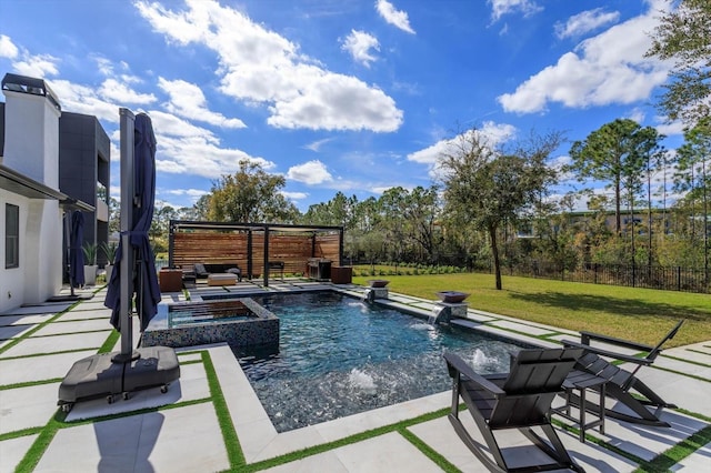 view of swimming pool featuring an in ground hot tub, pool water feature, a lawn, and a patio