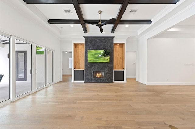 10416 Pocket Ln, Orlando, FL 32836 - unfurnished living room with coffered ceiling, light wood-style floors, beam ceiling, a ceiling fan, and a fireplace