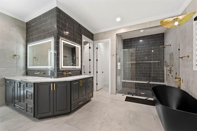 10416 Pocket Ln, Orlando, FL 32836 - full bathroom with ornamental molding, double vanity, a shower stall, a freestanding tub, and tile walls