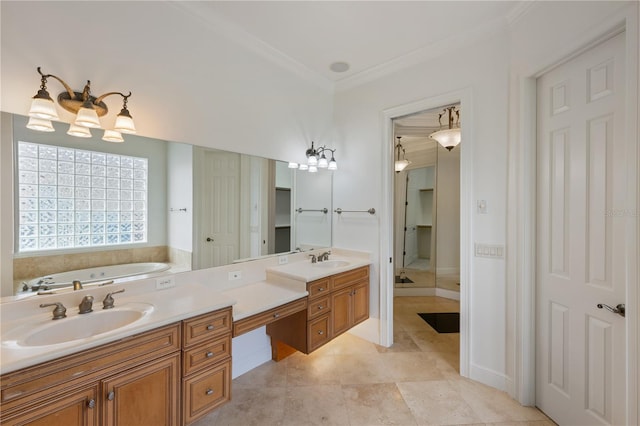 bathroom with crown molding, vanity, a bathing tub, and tile patterned flooring