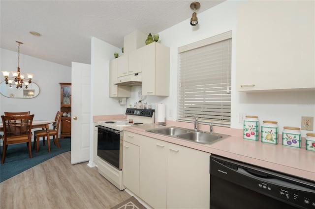 kitchen featuring pendant lighting, sink, white range with electric cooktop, black dishwasher, and light wood-type flooring